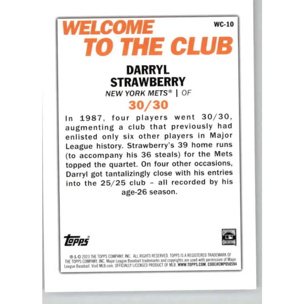 2023 Topps Welcome to the Club #WC-10 Darryl Strawberry NM-MT New York Mets Baseball Card - Baseball Card Single