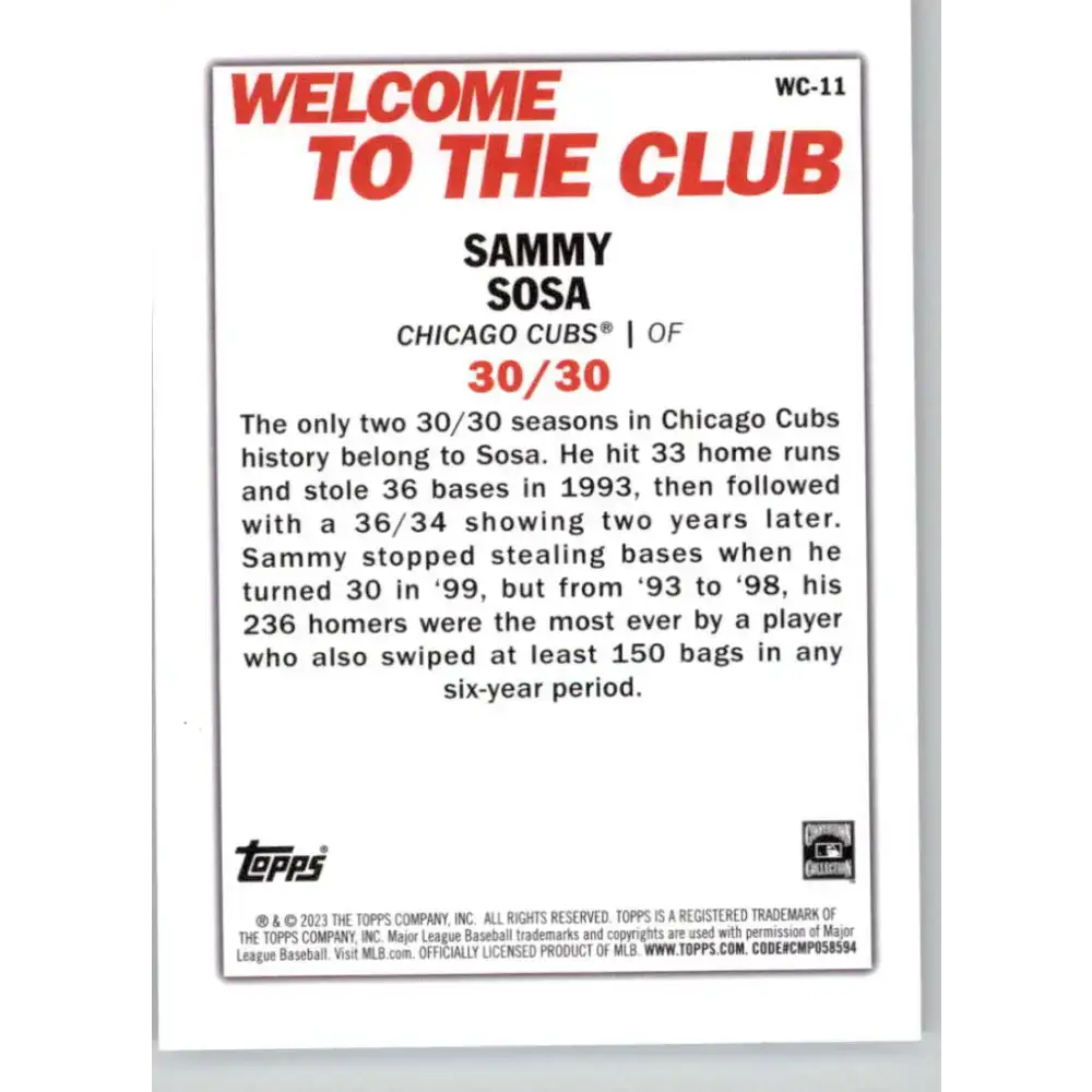 2023 Topps Welcome to the Club #WC-11 Sammy Sosa NM-MT Chicago Cubs Baseball Card - Baseball Card Single