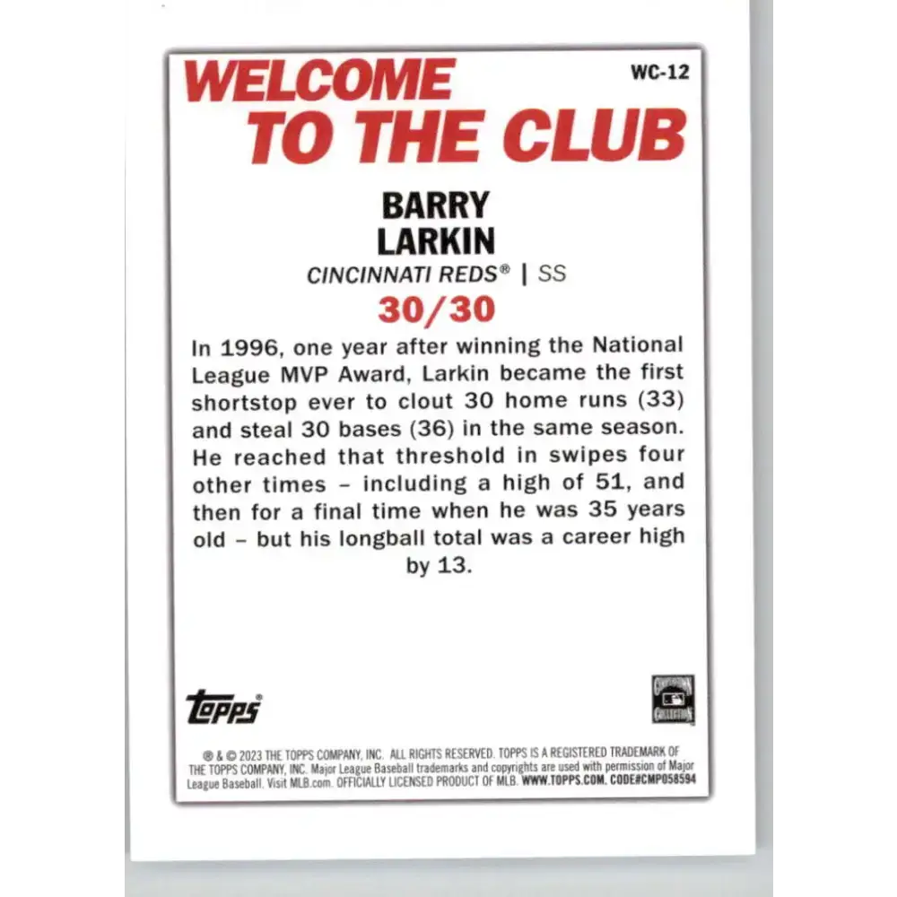 2023 Topps Welcome to the Club #WC-12 Barry Larkin NM-MT Cincinnati Reds Baseball Card - Baseball Card Single
