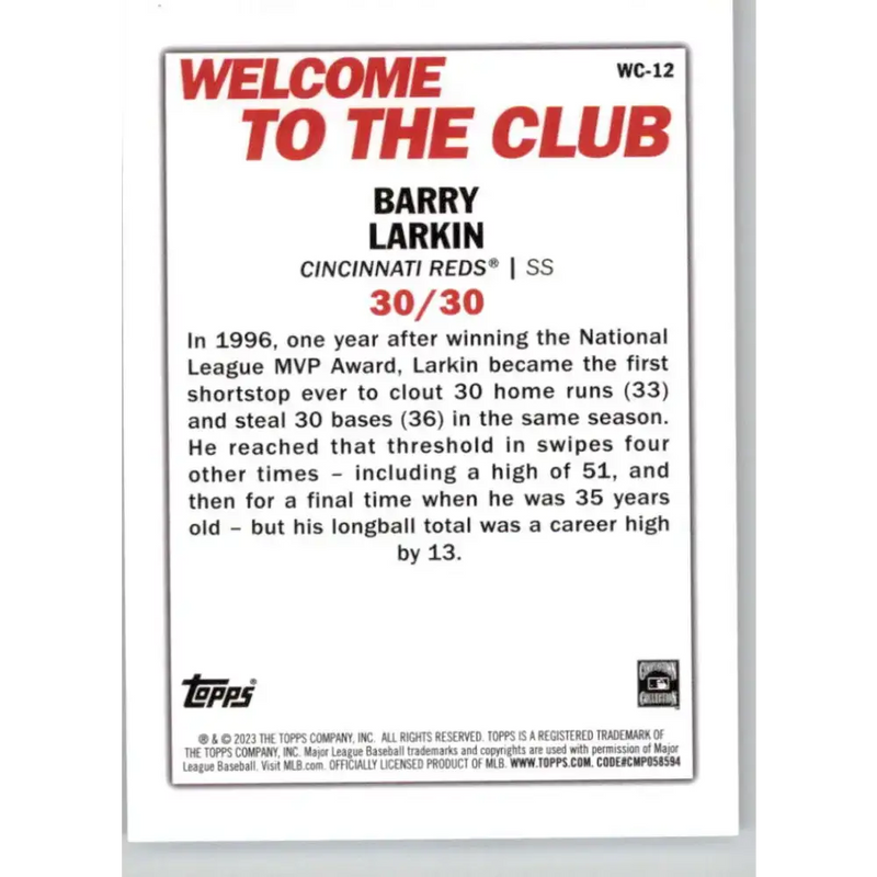 2023 Topps Welcome to the Club #WC-12 Barry Larkin NM-MT Cincinnati Reds Baseball Card - Baseball Card Single