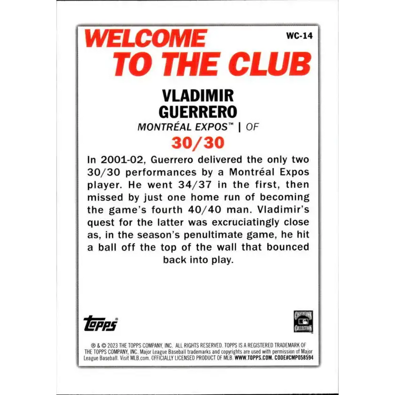 2023 Topps Welcome to the Club #WC-14 Vladimir Guerrero NM-MT Montreal Expos Baseball Card - Baseball Card Single