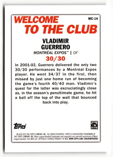 2023 Topps Welcome to the Club #WC-14 Vladimir Guerrero NM-MT Expos ID:49441 - Baseball Card Single