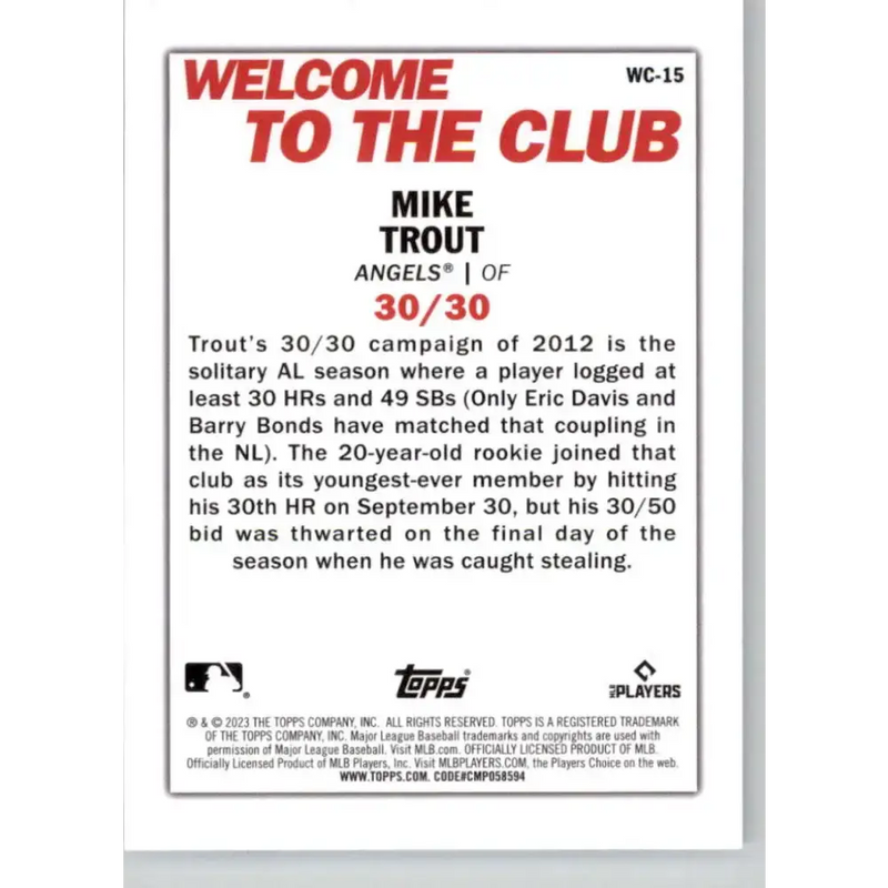 2023 Topps Welcome to the Club #WC-15 Mike Trout NM-MT Los Angeles Angels Baseball Card - Baseball Card Single