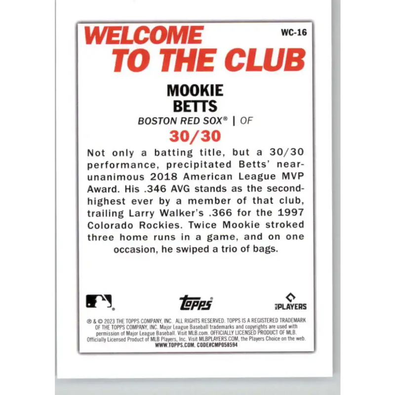 2023 Topps Welcome to the Club #WC-16 Mookie Betts NM-MT Boston Red Sox Baseball Card - Baseball Card Single