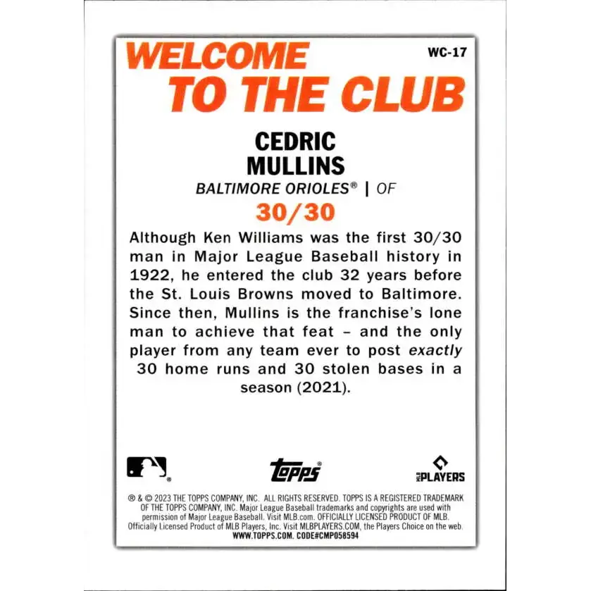 2023 Topps Welcome to the Club #WC-17 Cedric Mullins NM-MT Baltimore Orioles Baseball Card - Baseball Card Single