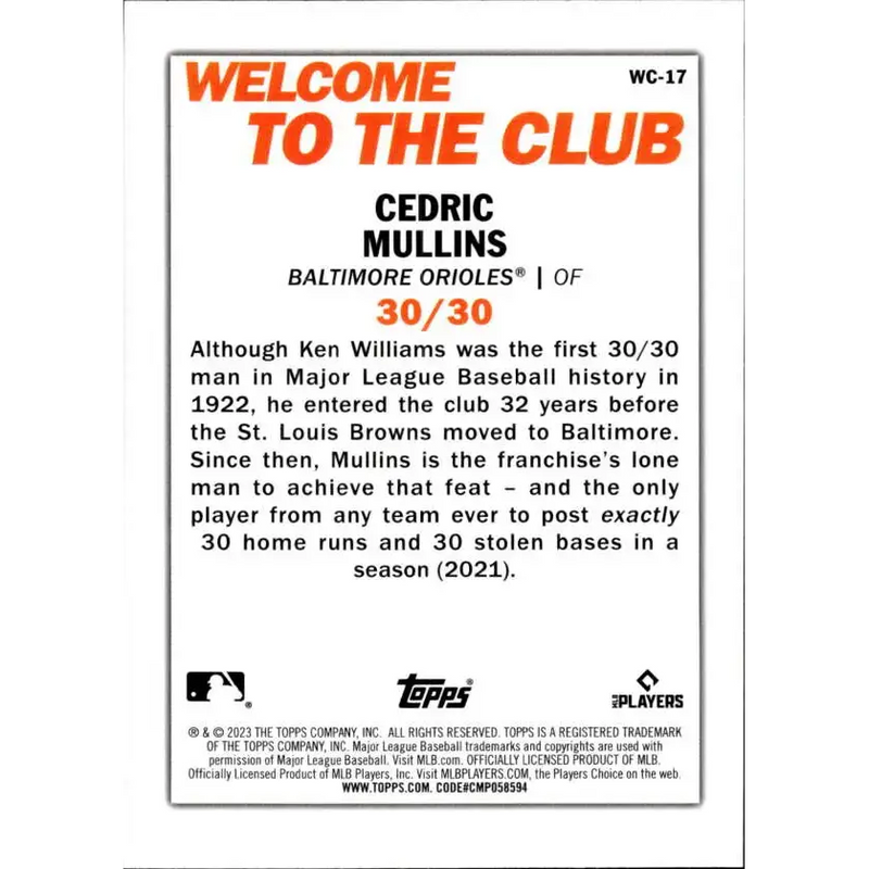 2023 Topps Welcome to the Club #WC-17 Cedric Mullins NM-MT Baltimore Orioles Baseball Card - Baseball Card Single