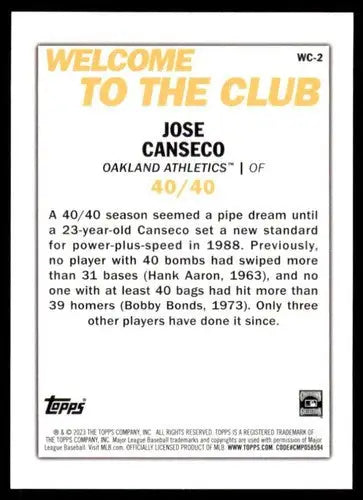 Baseball card back showing original gloss for 2023 Topps Welcome to the Club wc-2 Jose Canseco