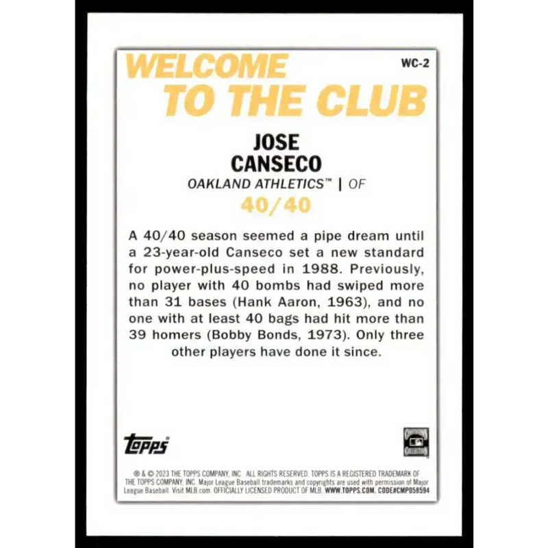 2023 Topps Welcome to the Club #WC-2 Jose Canseco NM-MT Oakland Athletics Baseball Card - Baseball Card Single