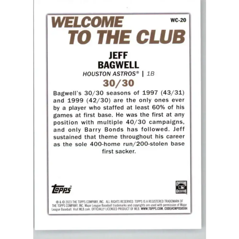 2023 Topps Welcome to the Club #WC-20 Jeff Bagwell NM-MT Houston Astros Baseball Card - Baseball Card Single