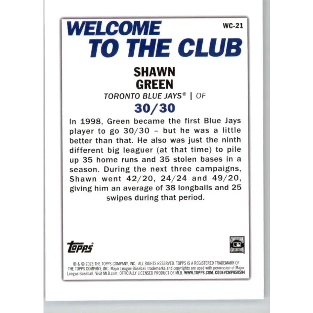 2023 Topps Welcome to the Club #WC-21 Shawn Green NM-MT Toronto Blue Jays Baseball Card - Baseball Card Single