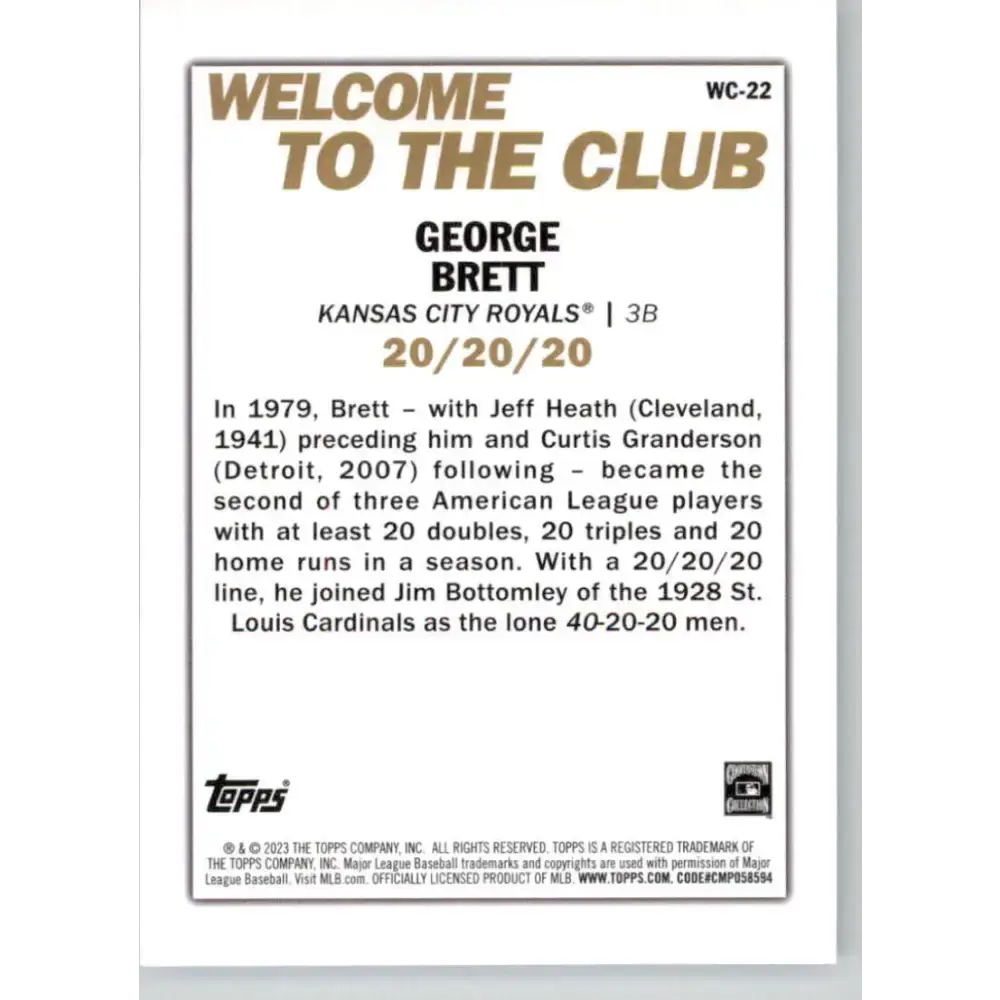 2023 Topps Welcome to the Club #WC-22 George Brett NM-MT Kansas City Royals Baseball Card - Baseball Card Single
