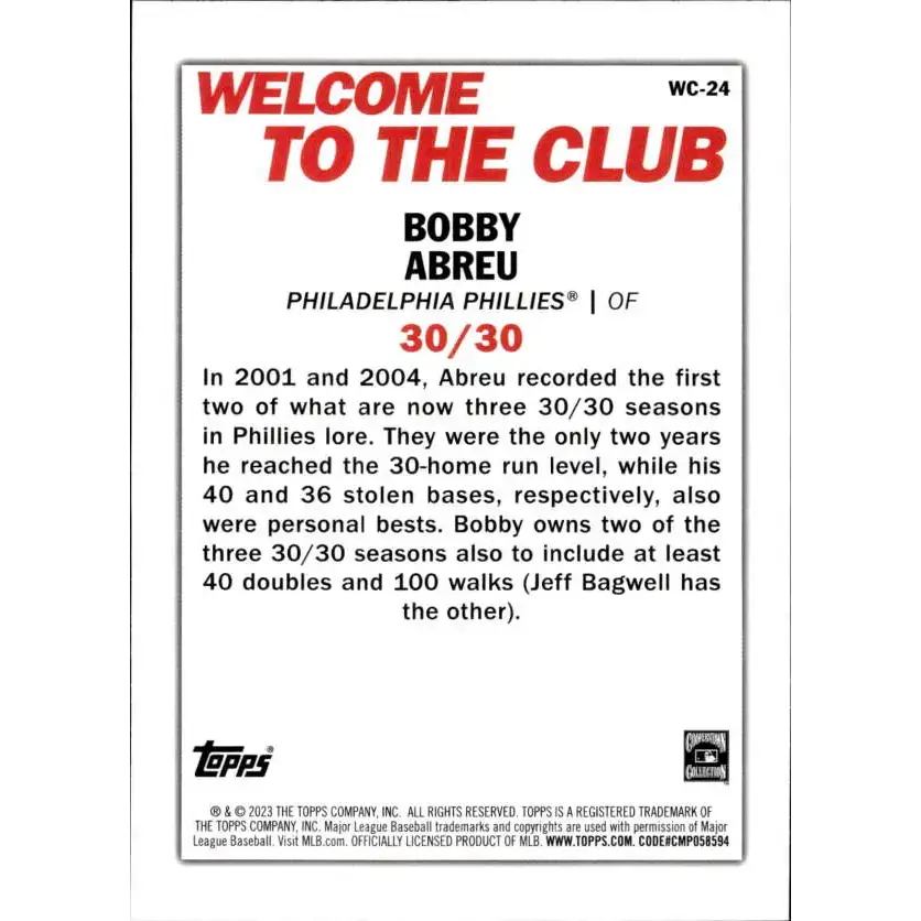 2023 Topps Welcome to the Club #WC-24 Bobby Abreu NM-MT Philadelphia Phillies Baseball Card - Baseball Card Single