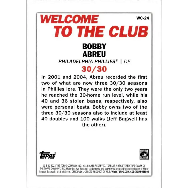 2023 Topps Welcome to the Club #WC-24 Bobby Abreu NM-MT Philadelphia Phillies Baseball Card - Baseball Card Single