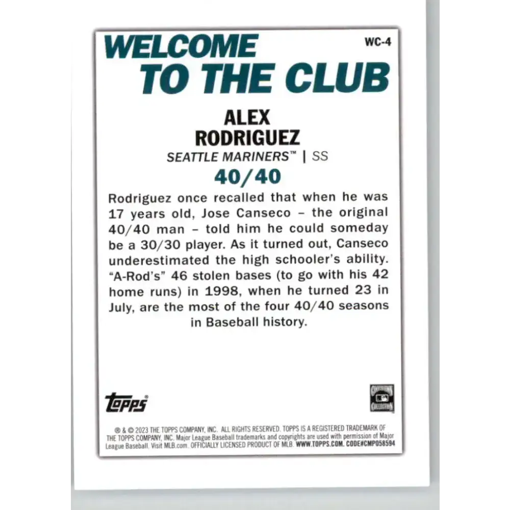2023 Topps Welcome to the Club #WC-4 Alex Rodriguez NM-MT Seattle Mariners Baseball Card - Baseball Card Single