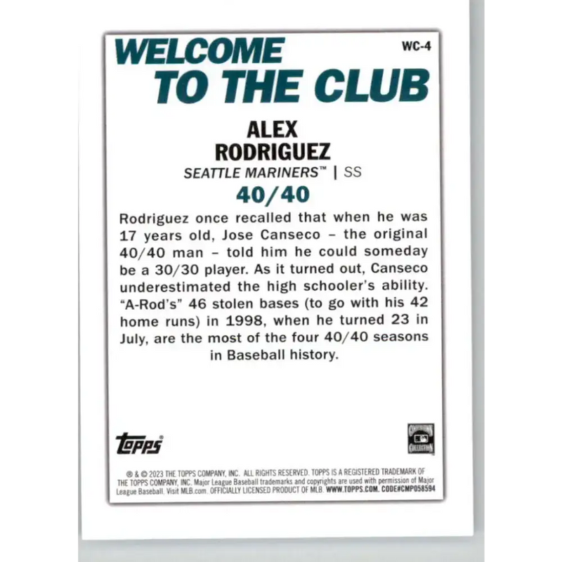 2023 Topps Welcome to the Club #WC-4 Alex Rodriguez NM-MT Seattle Mariners Baseball Card - Baseball Card Single
