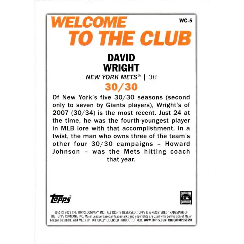 2023 Topps Welcome to the Club #WC-5 David Wright NM-MT New York Mets Baseball Card - Baseball Card Single