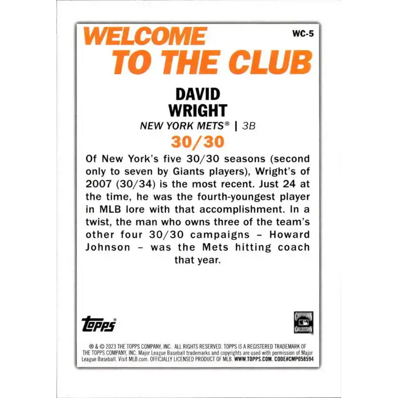 2023 Topps Welcome to the Club #WC-5 David Wright NM-MT New York Mets Baseball Card - Baseball Card Single