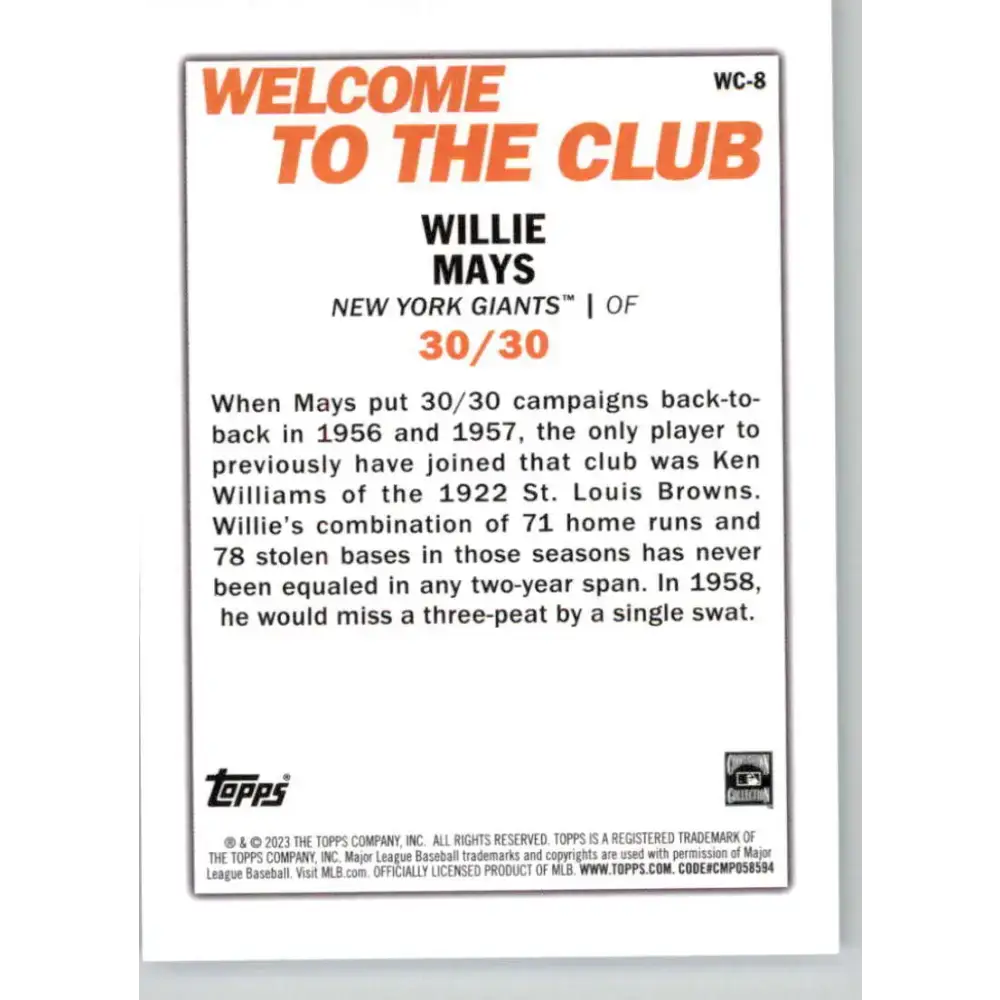 2023 Topps Welcome to the Club #WC-8 Willie Mays NM-MT New York Giants Baseball Card - Baseball Card Single