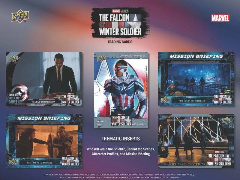 Promotional display for Upper Deck Marvel The Falcon and the Winter Soldier trading cards