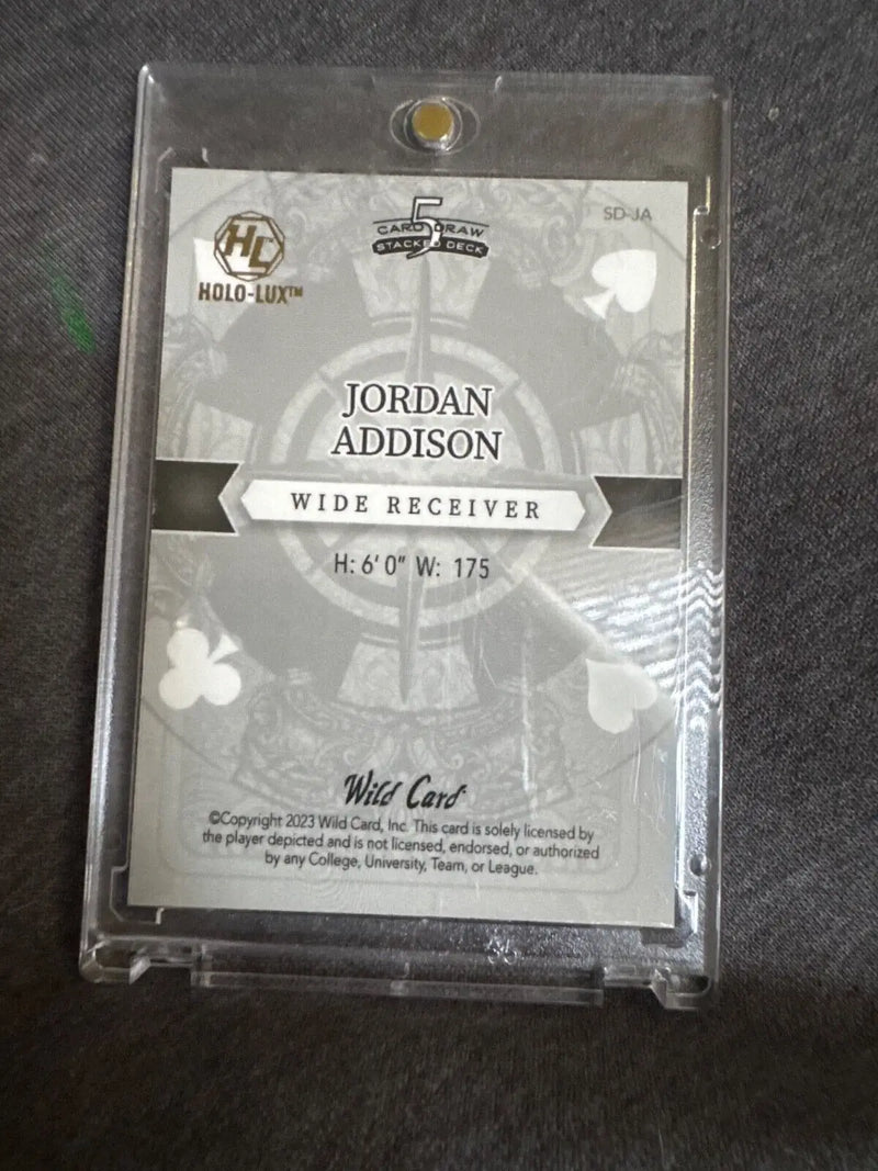 Jordan Addison wide receiver trading card from 2023 Wild Card 5 Card Draw collection