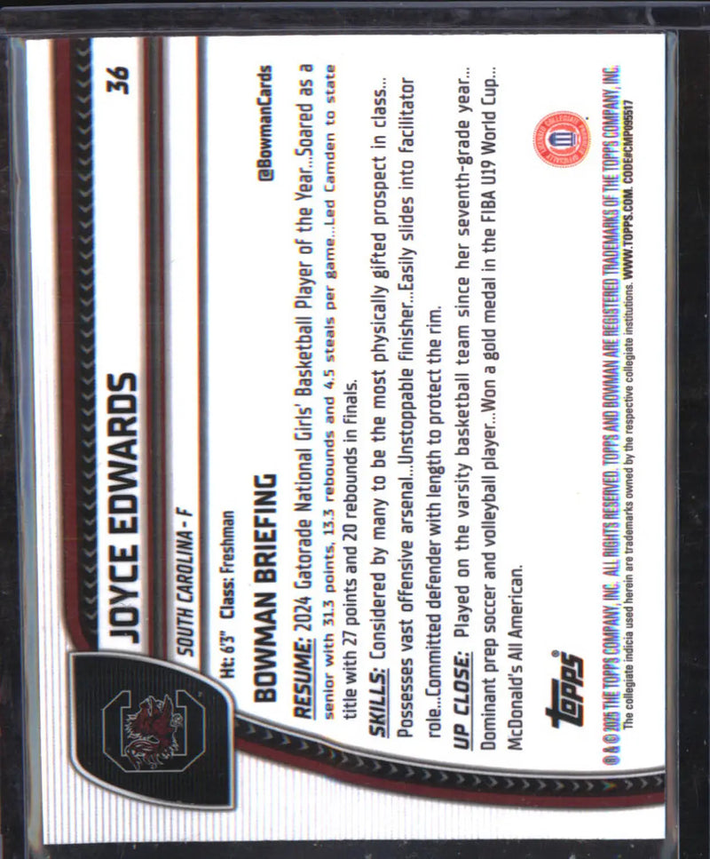 2024-25 Bowman Chrome Blue Reptilian Refractor #36 Joyce Edwards #/150 - Basketball Card Single