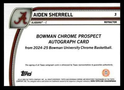 2024-25 Bowman U Chrome #3 Aiden Sherrell Prospects Autographs Refractor - Basketball Card Single