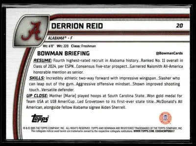 2024-25 Bowman University Chrome #20 Derrion Reid Aqua Wave Refractor #/299 - Basketball Card Single