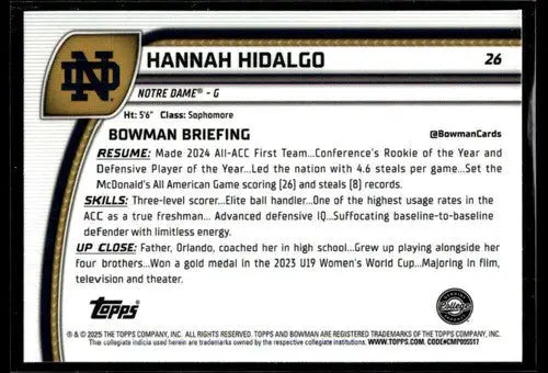 2024-25 Bowman University Chrome #26 Hannah Hidalgo NM-MT ID:77520 - Basketball Card Single