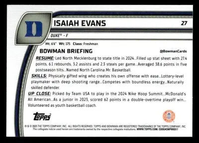 2024-25 Bowman University Chrome #27 Isaiah Evans - Basketball Card Single