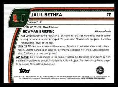 2024-25 Bowman University Chrome #28 Jalil Bethea - Basketball Card Single