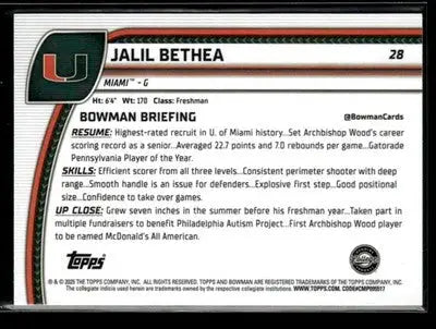 2024-25 Bowman University Chrome #28 Jalil Bethea - Basketball Card Single