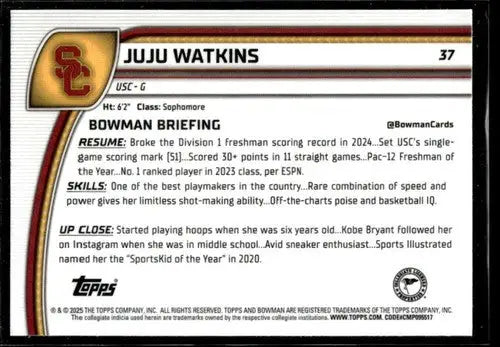 2024-25 Bowman University Chrome #37 Juju Watkins NM-MT ID:82087 - Basketball Card Single