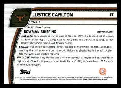 2024-25 Bowman University Chrome #38 Justice Carlton - Basketball Card Single