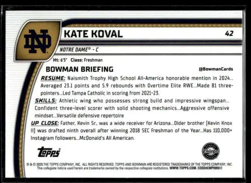 2024-25 Bowman University Chrome #42 Kate Koval NM-MT ID:77528 ID:77528 - Basketball Card Single