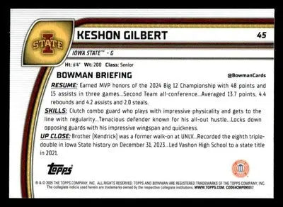 2024-25 Bowman University Chrome #45 Keshon Gilbert - Basketball Card Single