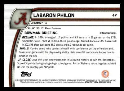 2024-25 Bowman University Chrome #49 Labaron Philon - Basketball Card Single