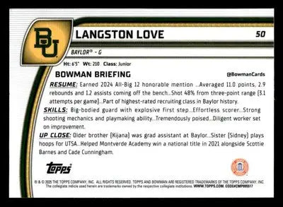 2024-25 Bowman University Chrome #50 Langston Love - Basketball Card Single