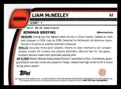 2024-25 Bowman University Chrome #52 Liam McNeeley Base 1st UCONN - Basketball Card Single