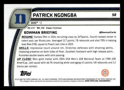 2024-25 Bowman University Chrome #58 Patrick Ngongba - Basketball Card Single