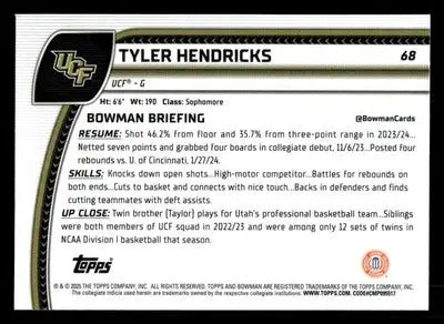 2024-25 Bowman University Chrome #68 Tyler Hendricks - Basketball Card Single