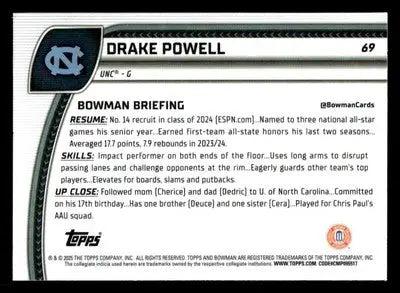 2024-25 Bowman University Chrome #69 Drake Powell - Basketball Card Single