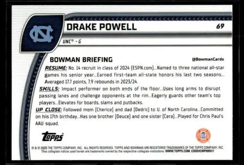 Basketball card back with original gloss from Bowman University Chrome 2024-25 Drake Powell