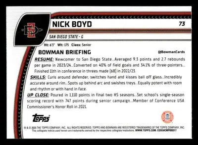 2024-25 Bowman University Chrome #73 Nicholas Boyd Aqua Wave Refractor #/299 - Basketball Card Single