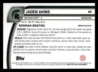2024-25 Bowman University Chrome #80 Jaden Akins Refractor - Basketball Card Single