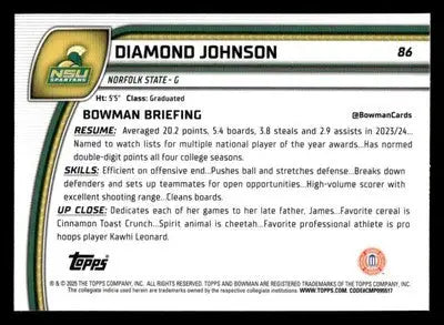 2024-25 Bowman University Chrome #86 Diamond Johnson X-Fractor - Basketball Card Single