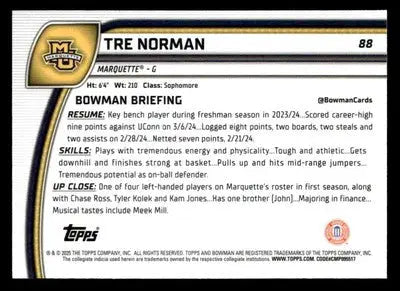 2024-25 Bowman University Chrome #88 Tre Norman Refractor - Basketball Card Single
