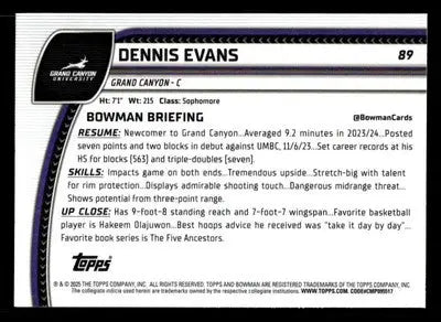 2024-25 Bowman University Chrome #89 Dennis Evans - Basketball Card Single