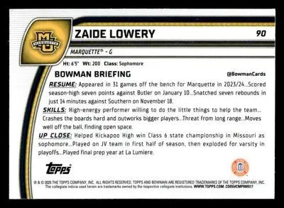 2024-25 Bowman University Chrome #90 Zaide Lowery - Basketball Card Single
