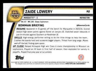 2024-25 Bowman University Chrome #90 Zaide Lowery Refractor - Basketball Card Single