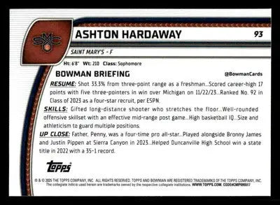 2024-25 Bowman University Chrome #93 Ashton Hardaway - Basketball Card Single